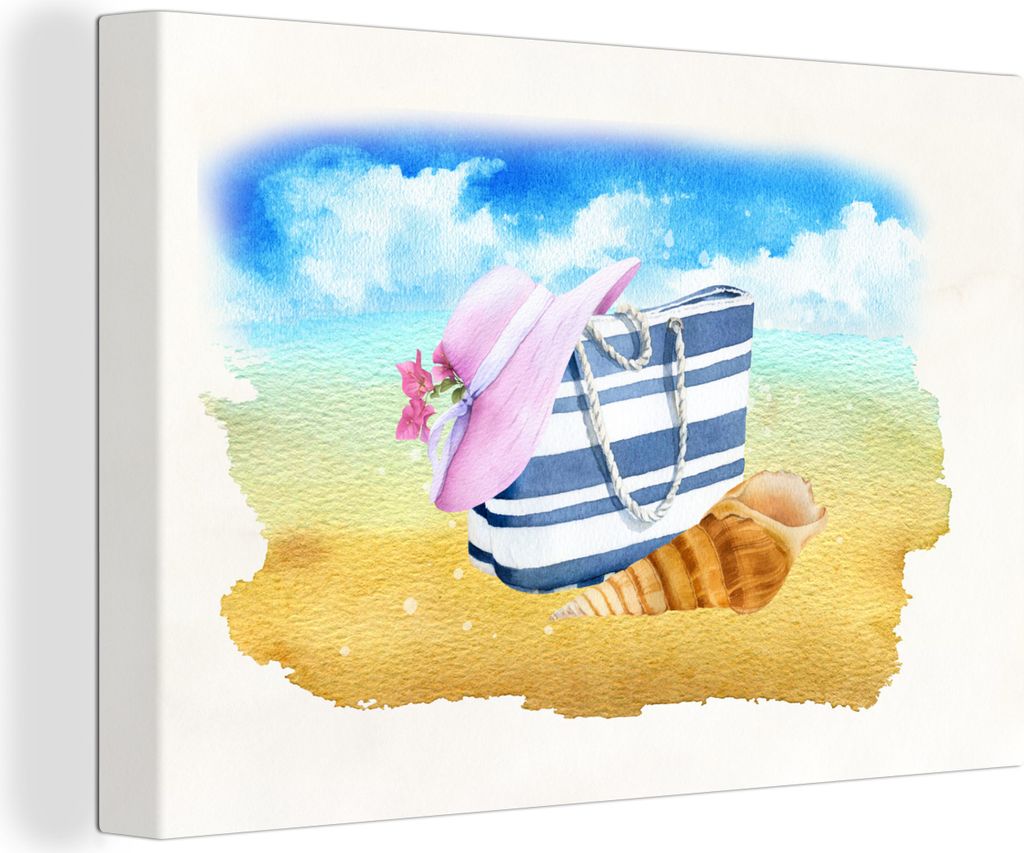 OneMillionCanvasses - Leinwandbilder - 140x90 cm, Tasche - Hut - Muschel - Strand, Wandbilder Kunstdruck Wanddekoration