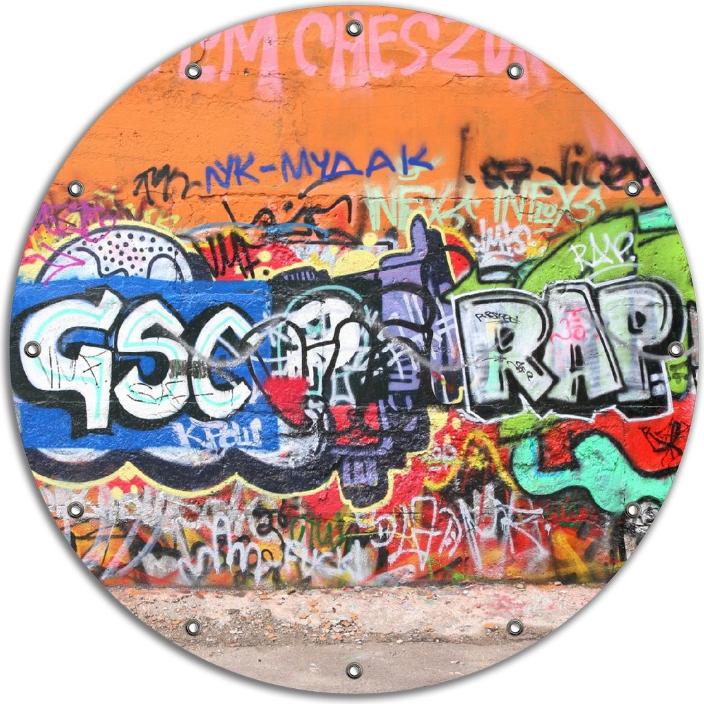 Wallario rundes Outdoor-Poster für Garten oder Balkon, Motiv RAP-Graffiti- Wand mit verschiedenen Tags, 90 cm Durchmesser