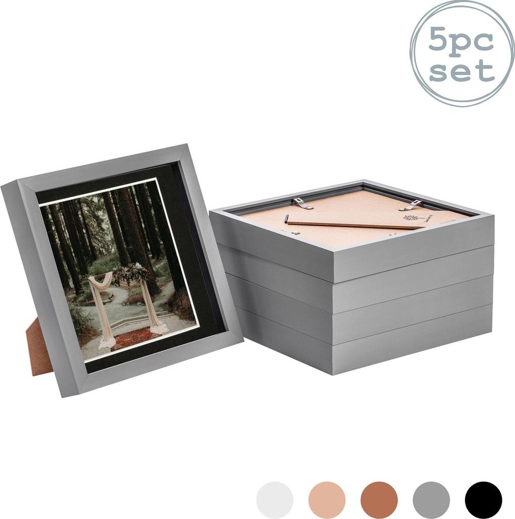 Nicola Spring 5 Stück 8 x 8 3D-Schatten-Kasten-Foto-Rahmen-Set - Craft Anzeigen Bilderrahmen mit 6 x 6 Montage - Glas Aperture - Grau / Schwarz