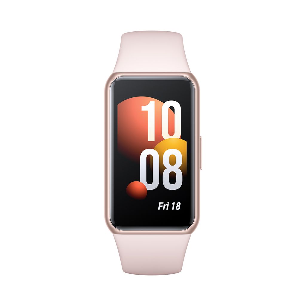 A pink and gold smartwatch with a digital display showing the time and date.