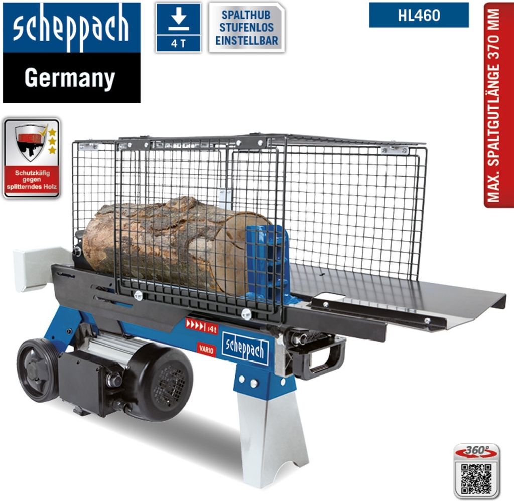 A log splitter is shown with a log inside, against a white background. There are several informational labels and logos around the product.