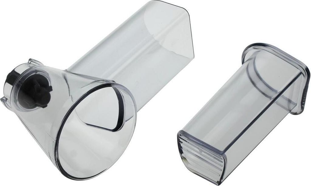 Two clear plastic attachments for a kitchen appliance are shown against a white background.