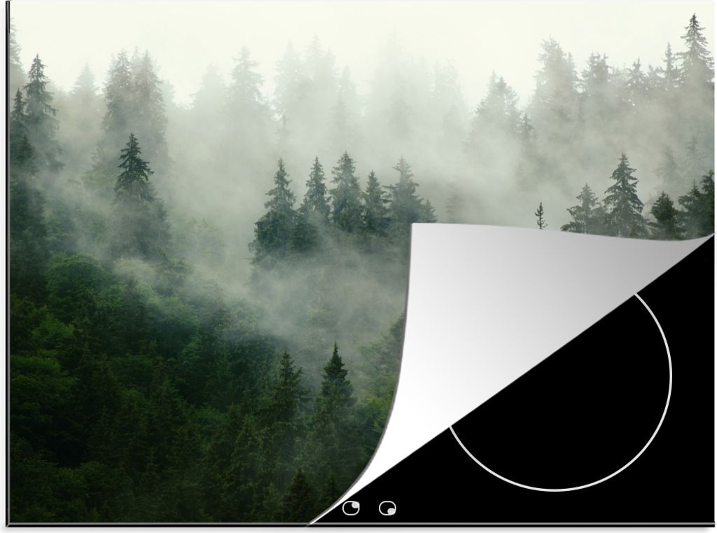 KitchenYeah Herdabdeckplatte Wald - Nebel - Bäume - Natur , 59x52cm, Küche Deko, Glaskeramikfeld Herdabdeckung, Abdeckplatte fùr Kochfeld