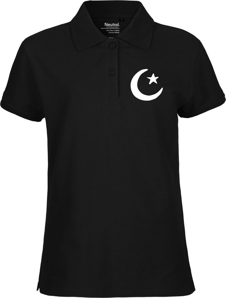 Huuraa Damen Polo Shirt Halbmond und Stern Islam M Black Bio Baumwolle Fairtrade Poloshirt Geschenkidee
