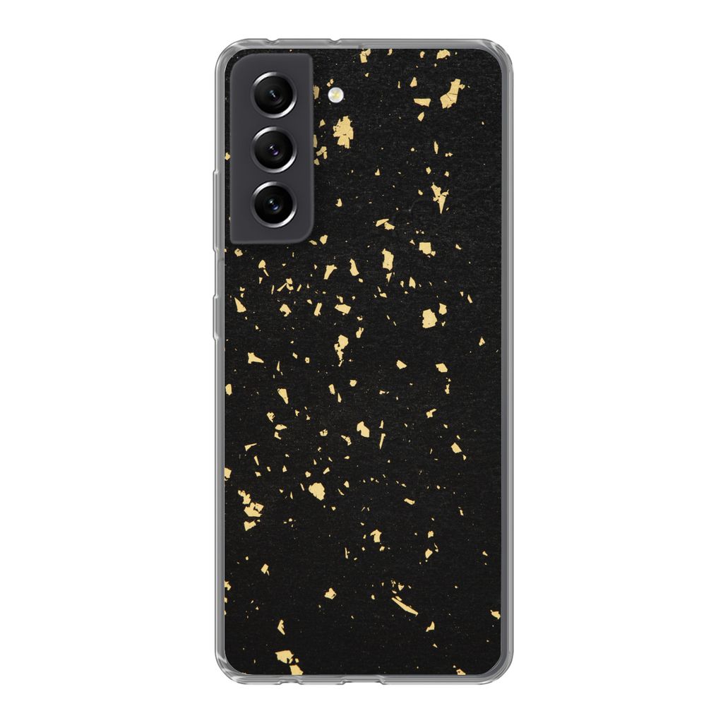 MuchoWow Handyhülle Schutzhülle Hülle für Samsung Galaxy S21 FE Goldene Flocken auf schwarzem Hintergrund Silikon Softcase Handy Hülle - Mob...