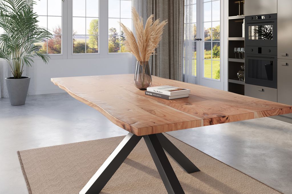 Esstisch Baumkante 180 x 90 cm Akazie natur massiv Spider-Gestell schwarz KALEA