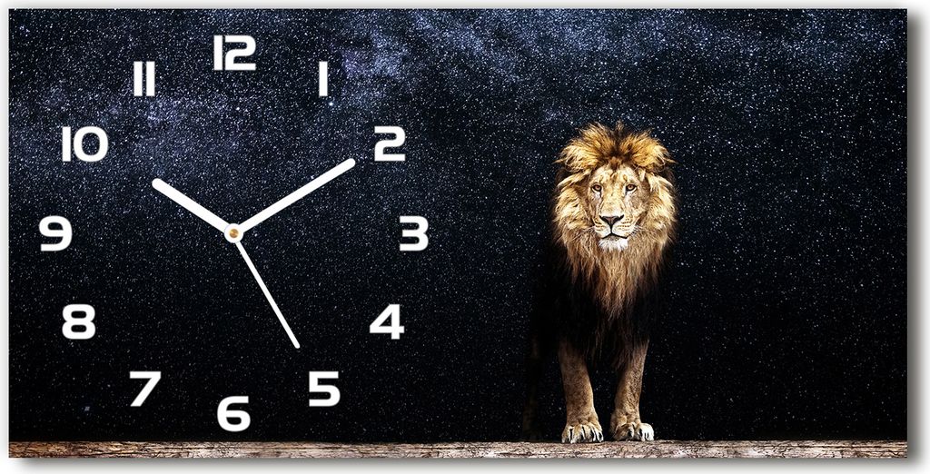 Wanduhr aus Glas – 60x30 cm - Glasbild - Glasuhr - Gehärtetes Glas - weisse-zeiger - Ein Löwe auf dem Hintergrund der Sterne