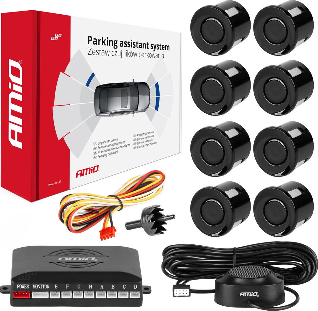 Einparkhilfe 8 Sensoren Schwarz AMIO-01575 - Rückfahrwarner Produktbild 