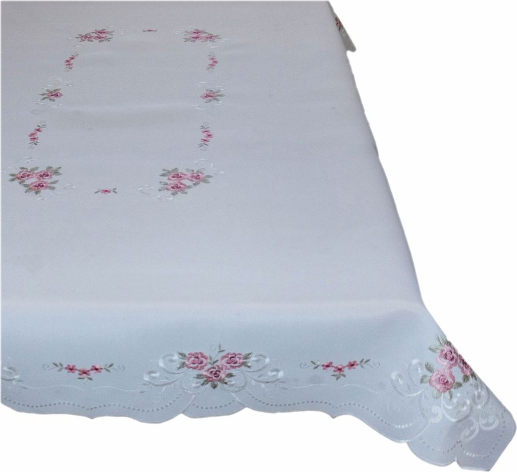 Tischdecke Tischtuch Stickerei Rosen Blüten Frühling Tischläufer Bogenrand 130 x 170 cm