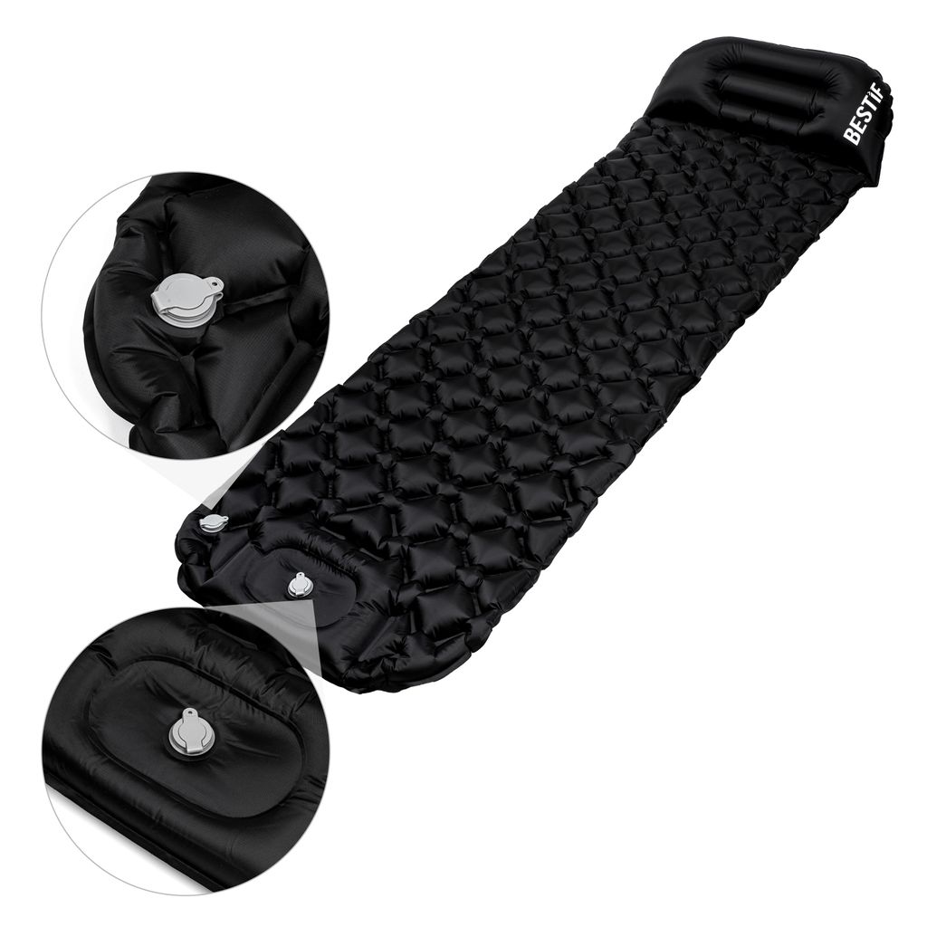 Isomatte selbstaufblasend mit Fußpumpe Kissen BESTIF Luftmatratze Camping Outdoor Matratze Ultraleicht Kleines Packmaß Schwarz