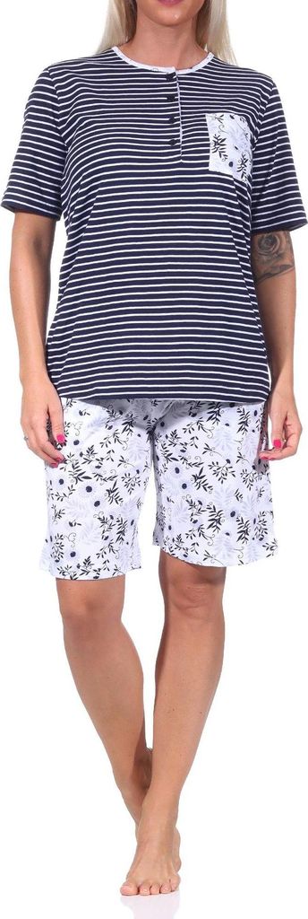 Damen Schlafanzug Shorty Pyjama kurzarm, Oberteil gestreift, Hose mit Blümchen ; marine , 36-38