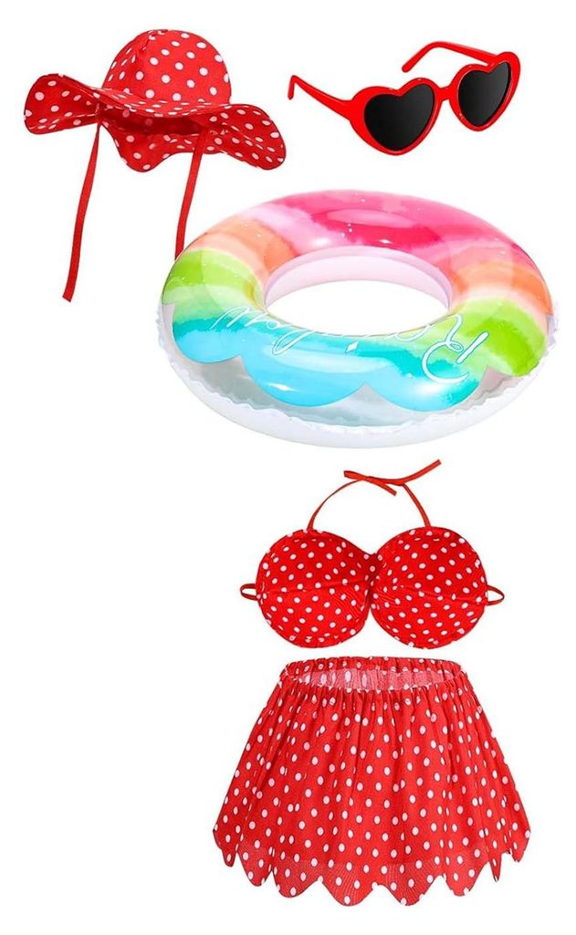 1 Set Veranda-Gänse-Outfit für Garten, Rasen, Hof, Gänsestatue, gestreiftes Hemd, roter Hut, Hawaii-Bikini, Schwimmring, Festtags-Verkleidung C