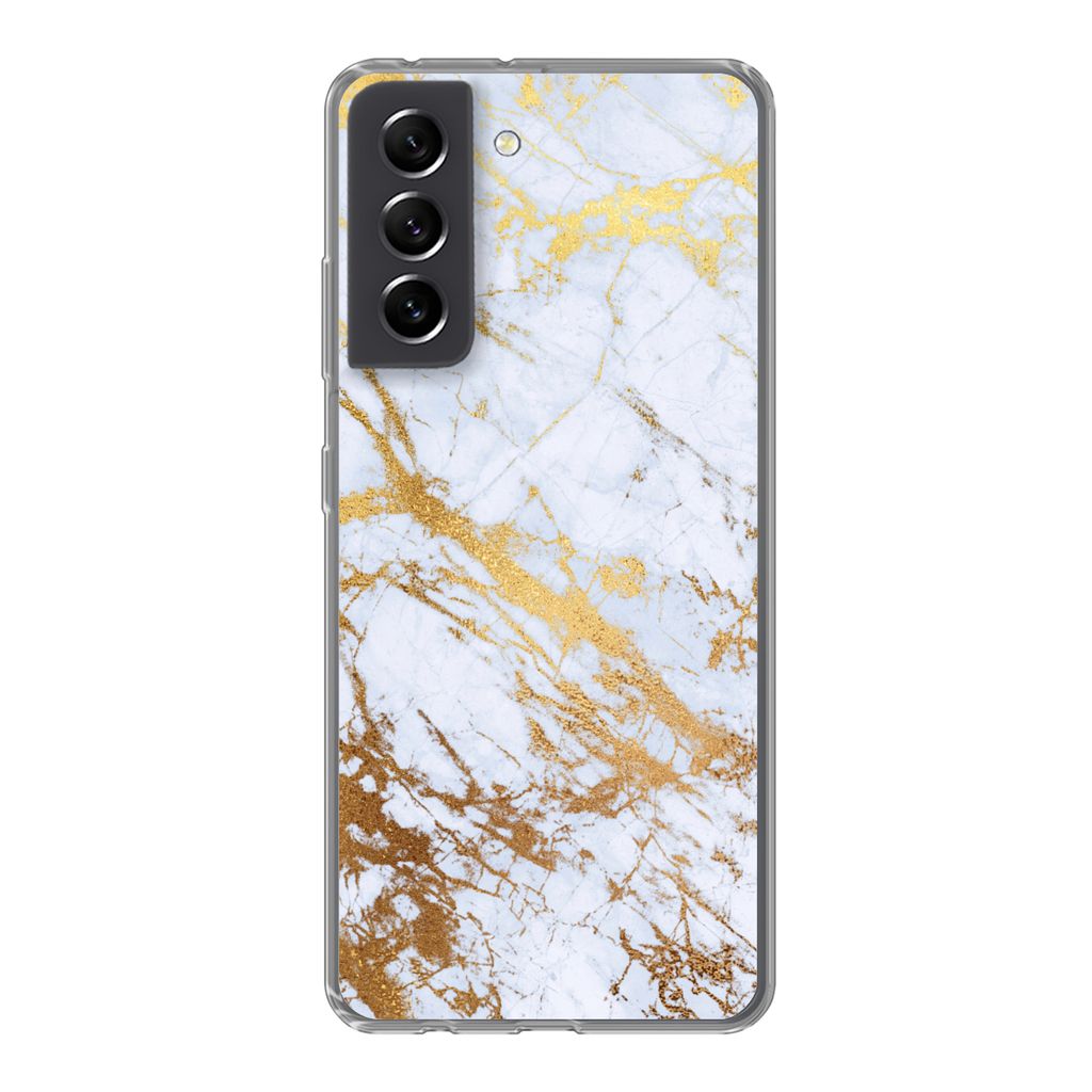 MuchoWow Handyhülle Schutzhülle Hülle für Samsung Galaxy S21 FE Marmor - Gold - Weiß - Luxe - Marmoroptik - Glitzer Silikon Softcase Handy H...