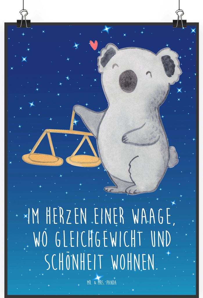 Mr. & Mrs. Panda Bild Waage Astrologie DIN A2 - Sternenhimmel Blau - Geschenk, drucke, Geburtstagsgeschenk, wanddeko, Sternzeichen, Plakat, Wandbil...