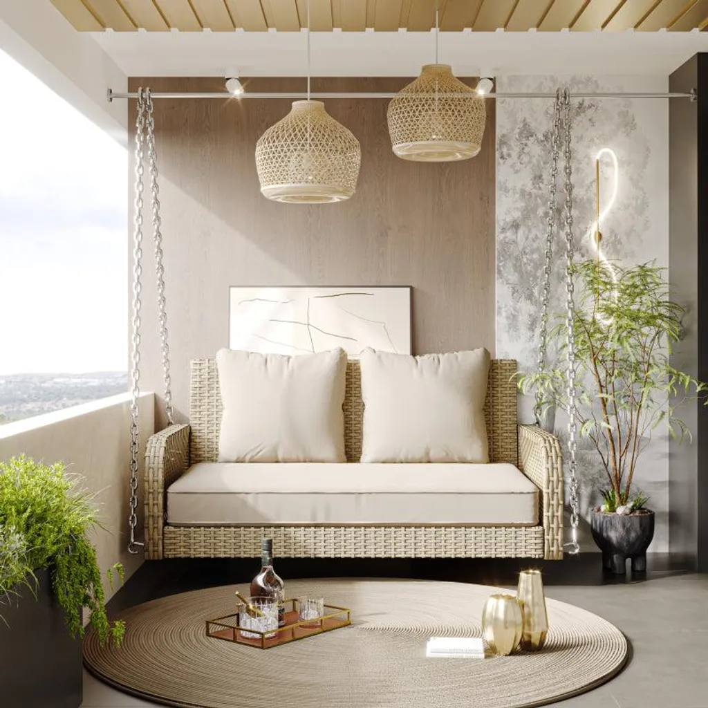 Balançoire de jardin pour terrasse et extérieur en rotin beige 2 places