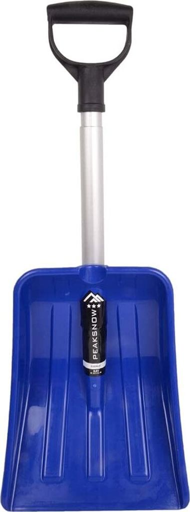 A blue snow shovel with a silver handle and black grip, shown against a white background.