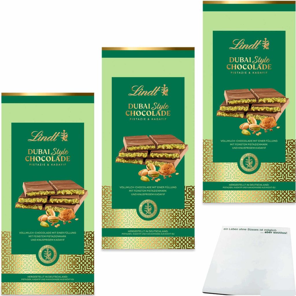 Lindt Dubai Style Chocolade. 3er Packung (3x150g Tafel) + usy Block