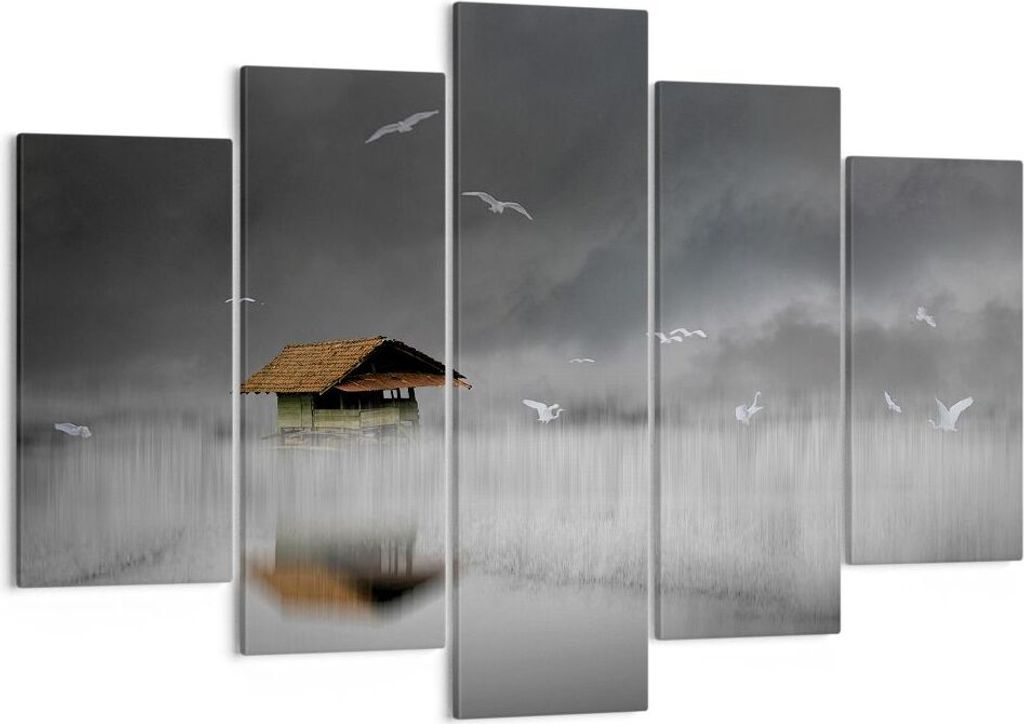 Bild auf Leinwand - Leinwandbild - 5 Teile - Hütte Nebel Sumpf - 150x100cm - Wand Bild - Wanddeko - Wandbilder - Leinwanddruck - Bilder - Wanddeko...