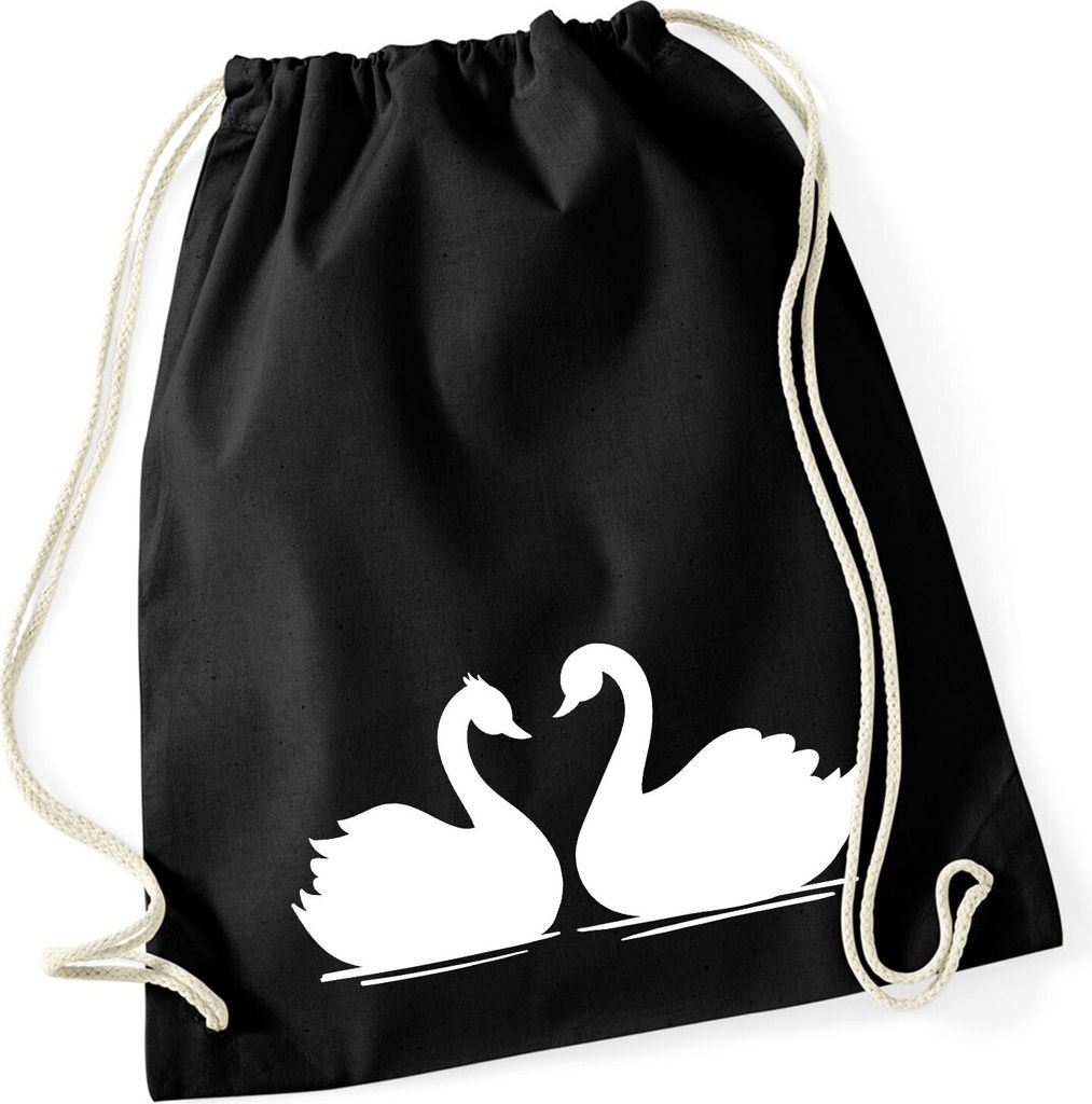 Huuraa Turnbeutel Schwan Pärchen 12 Liter Black Baumwolle Rucksack Geschenkidee