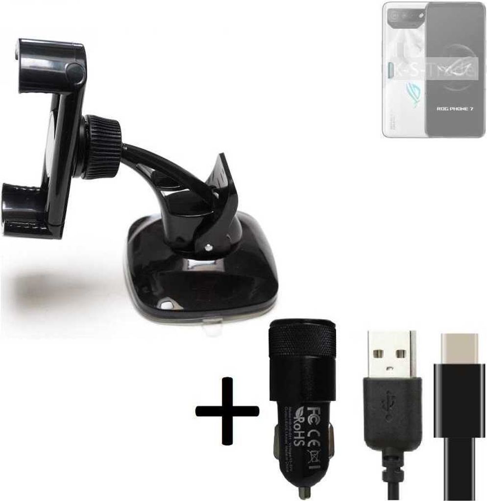 K-S-Trade Handy-Halterung kompatibel mit Asus ROG Phone 7 Windschutzscheibe / Armaturenbrett + LADEGERÄT mit Mico USB Kabel Autohalterung