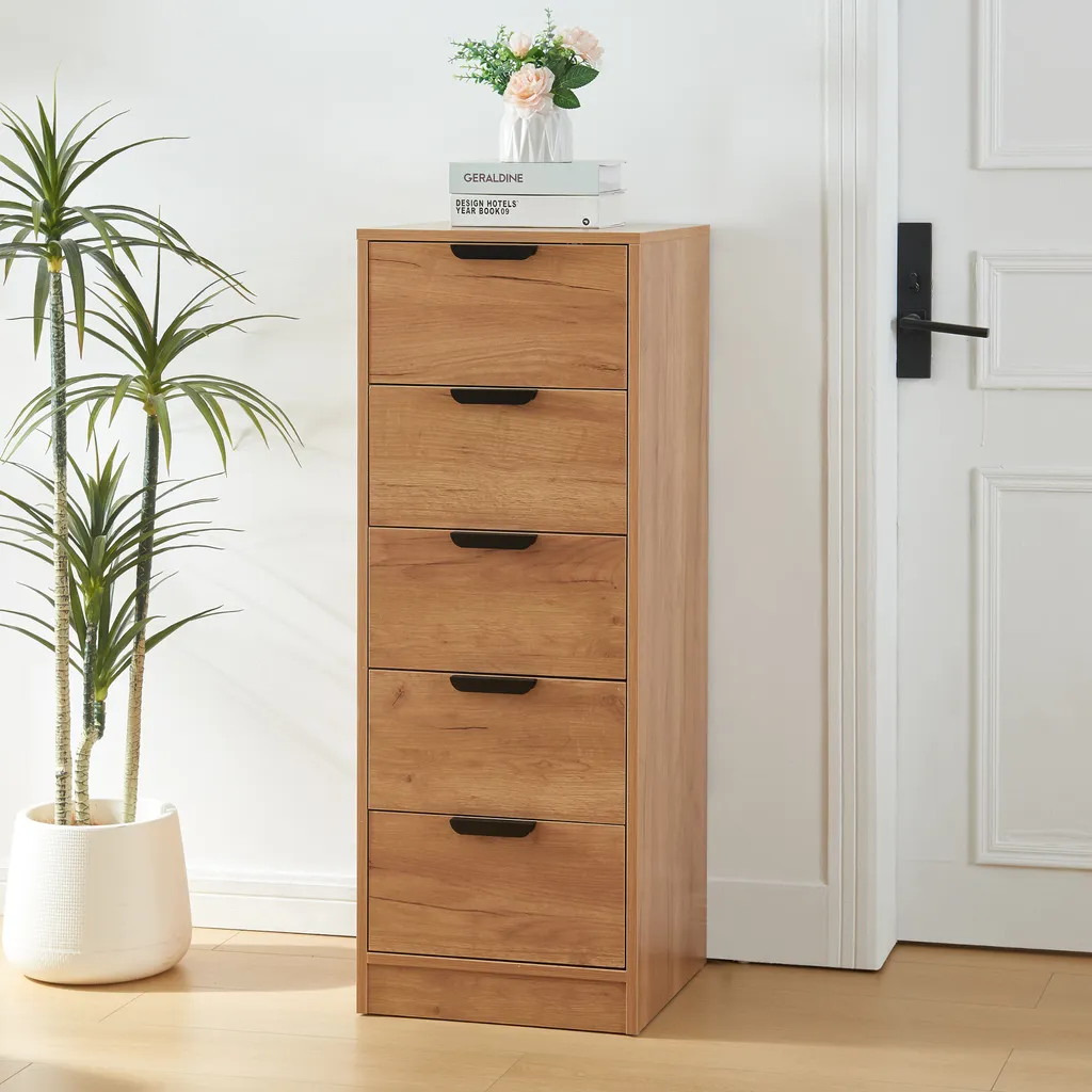 Petite commode gain de place Varkaus aspect chêne 5 tiroirs de 108cm