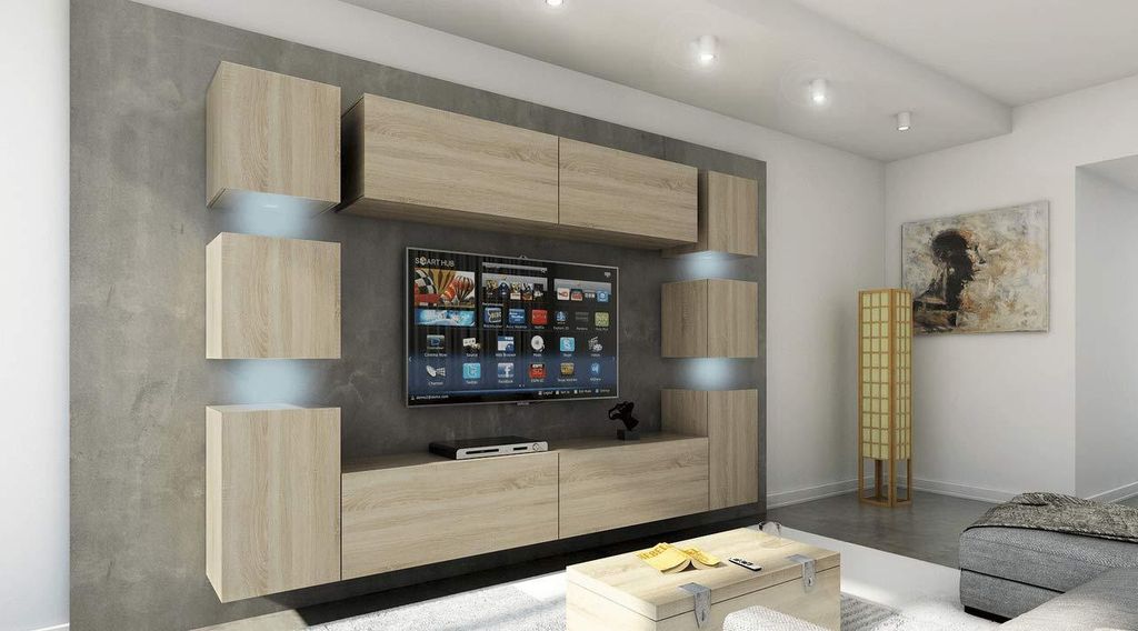 Furnitech Wohnwand Wohnzimmer - Wohnzimmer Möbel mit LED RGB - 16 Farben - Hängend Wohnwand Modern - Regale und TV Schrank (Future 14_M_S_28 1A -...