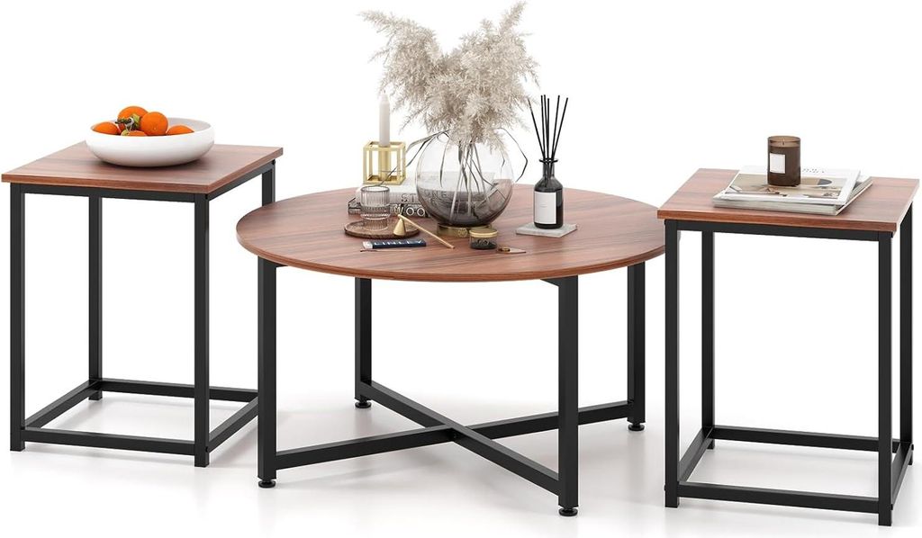 Set mit 3 Couchtischen, Couchtisch mit stabilem Eisenrahmen, Set mit 3 Couchtischen, 1 runder Couchtisch und 2 quadratische Tische, Walnuss