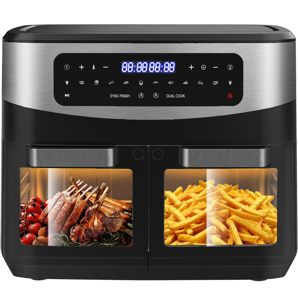 A front view of a dual-chamber air fryer with food visible in both chambers.