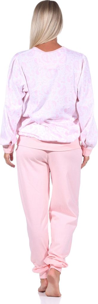 Eleganter Damen Pyjama Schlafanzug mit Bündchen und Knopfleiste am Hals in Paisley Design ; rosa , 48