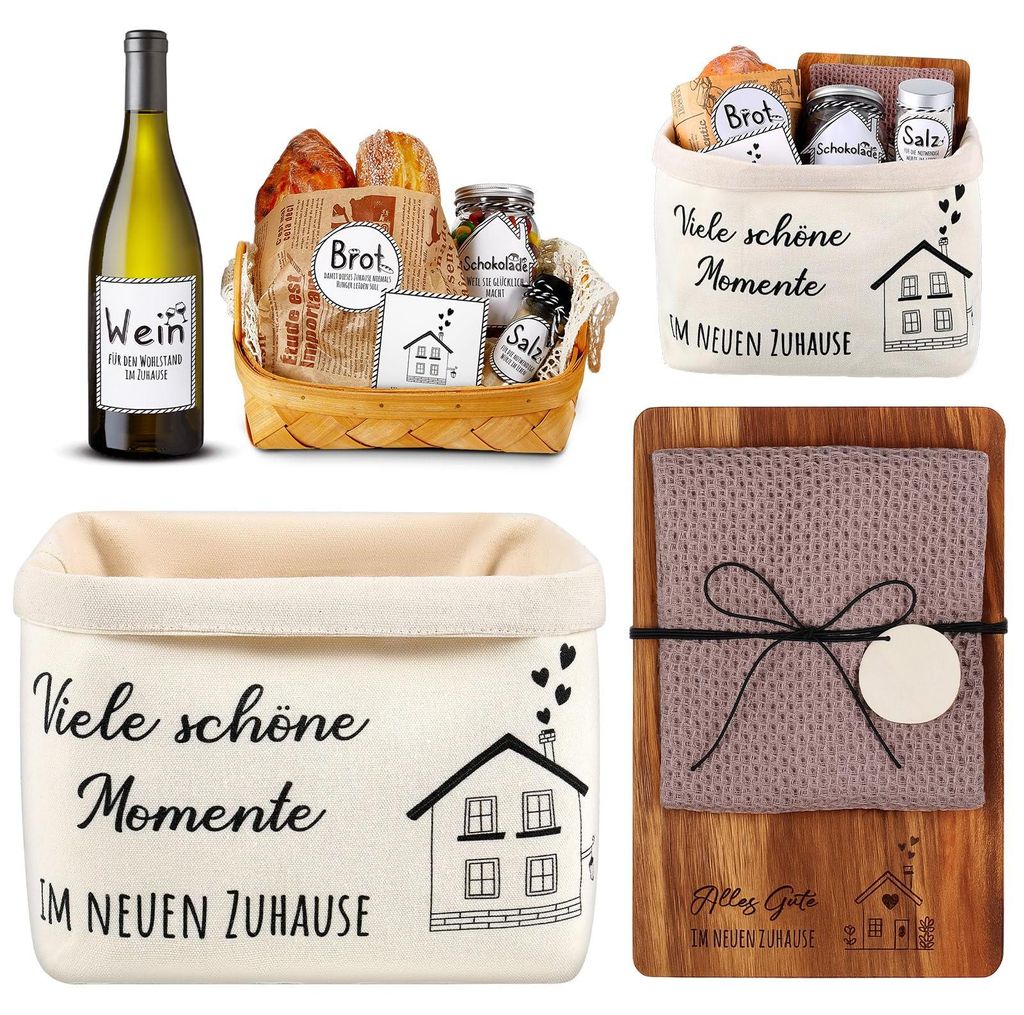 Einzugsgeschenk: Schneidebrett aus Holz, Brotkorb aus Stoff, Küchentuch aus Baumwolle; Geschenk zum Einzug in ein neues Haus; Geschenk zum Einzug ...