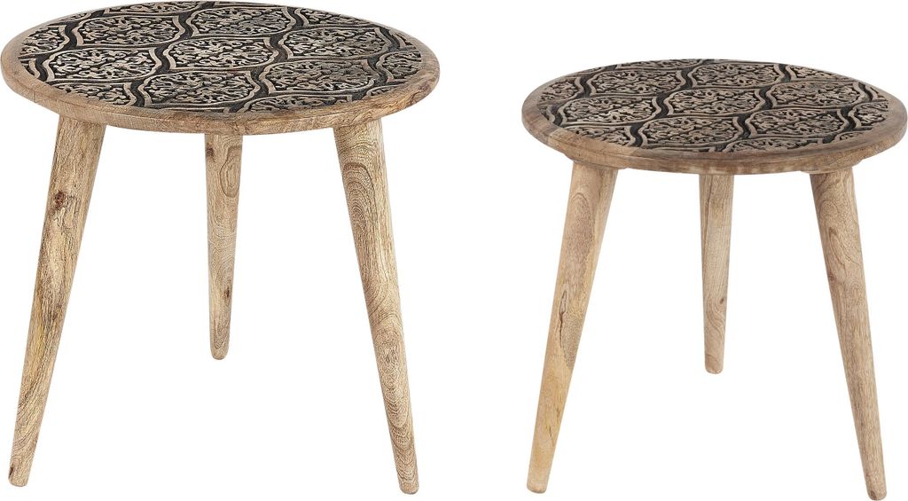 BELIANI Beistelltisch 2er Set Hellbraun Mango Holz Rund Dreibeinig Geschnitzt Handgefertigt Boho Couchtisch Wohnzimmer Ausstattung Möbel Zubehör