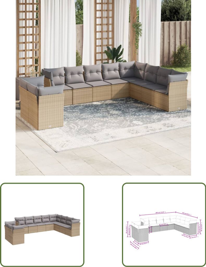 The Living Store 10-tlg. Garten-Sofagarnitur mit Kissen Beige Poly Rattan