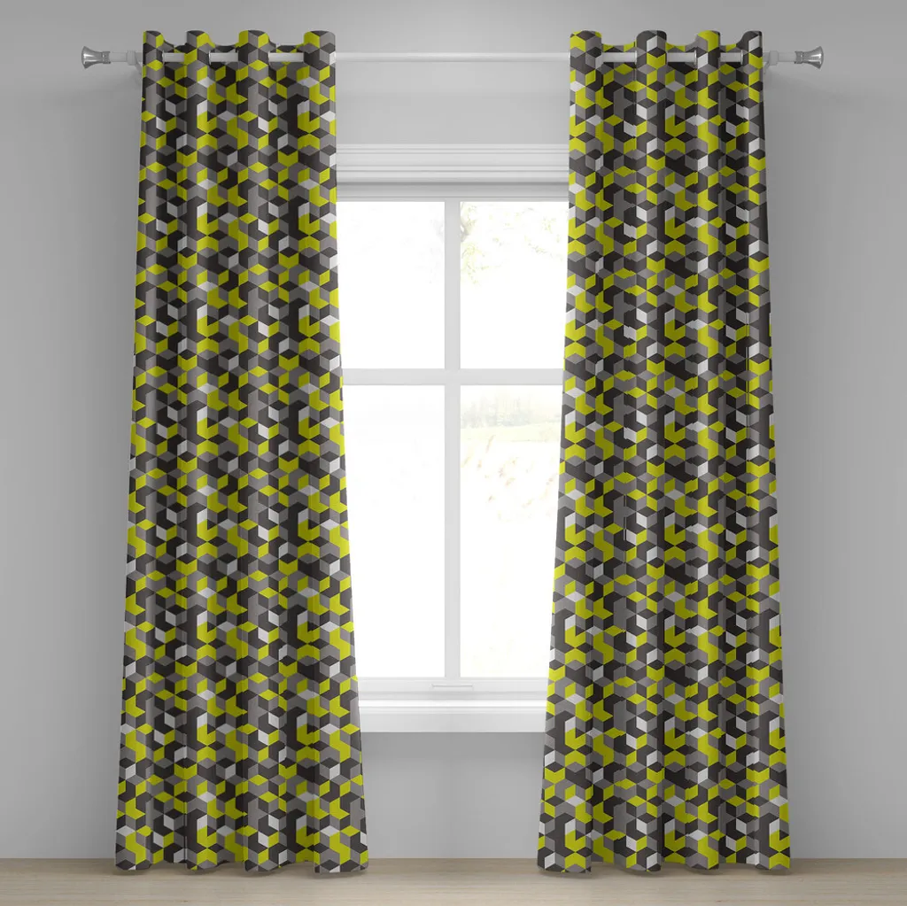 Rideau à œillets gris et jaune ABAKUHAUS motifs cubes 3D 280x175 cm