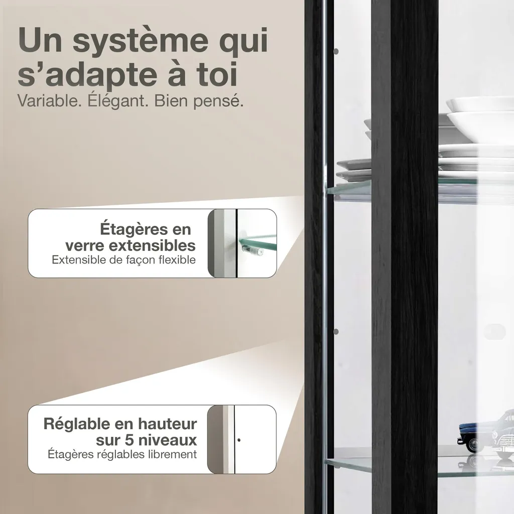 K-Möbel Vitrine Suspendue Noire 80x60cm avec Miroir et Éclairage LED - 4
