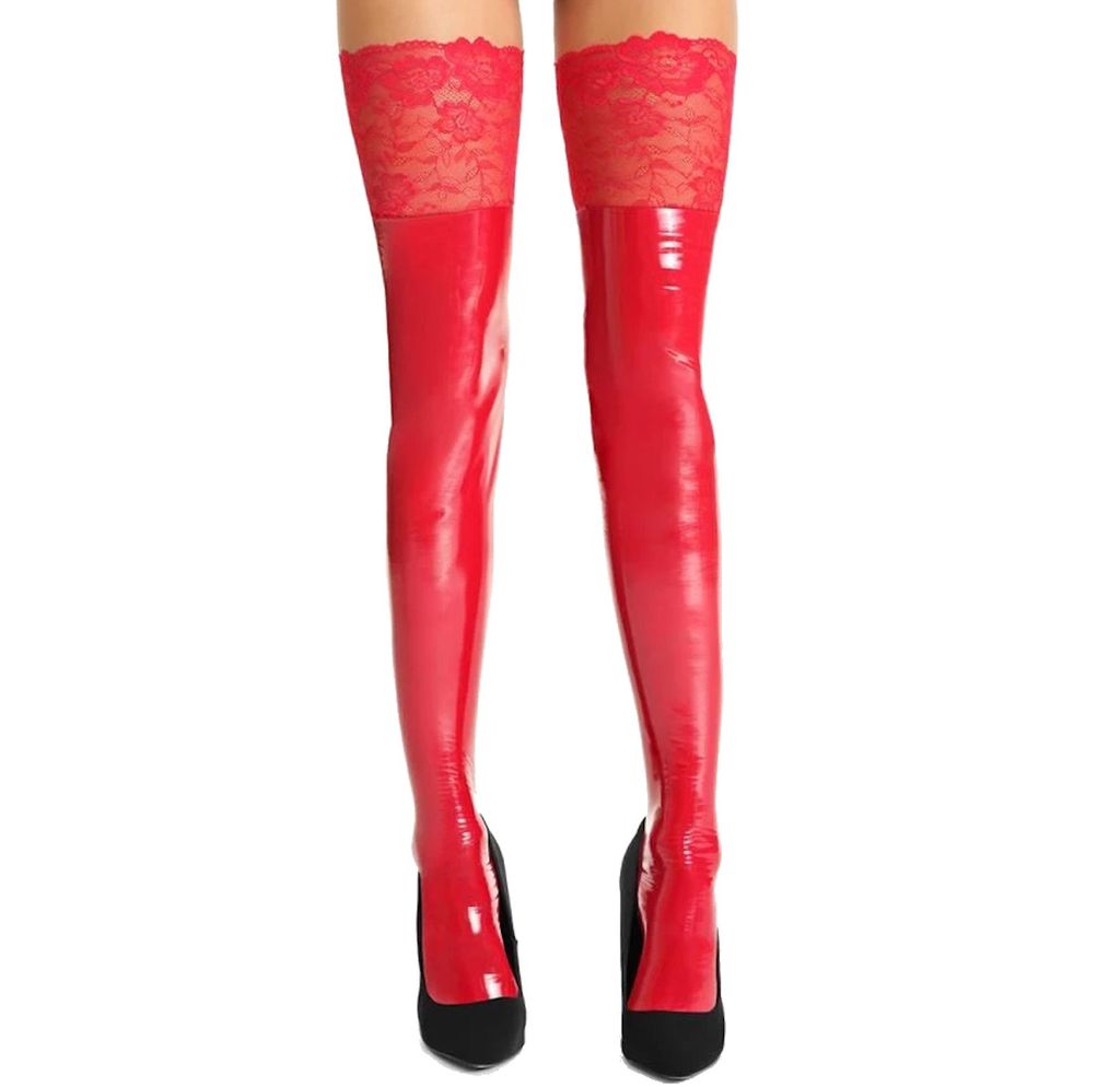 7-Heaven Halterlose Strumpfe S548 mit Spitze Lack, rot, Gr. L/XL=38/40