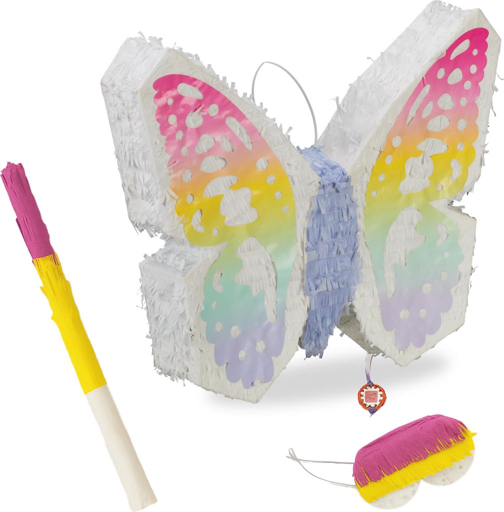 Relaxdays Piñata papillon, avec bâton et masque, piñata Image du produit 