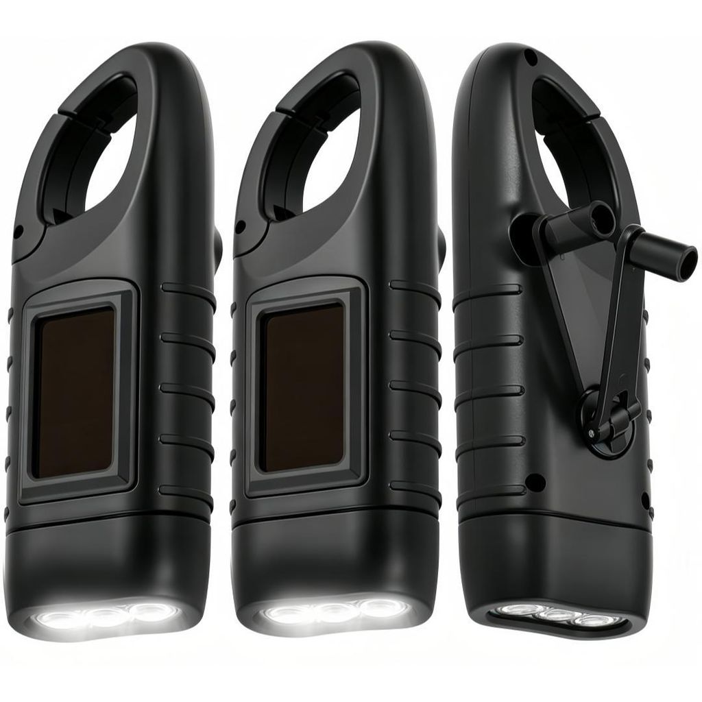 3er Solar Taschenlampe Handkurbel mit Karabiner, Tragbar Produktbild 