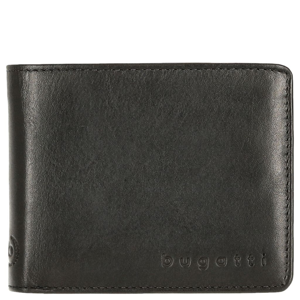 A black leather wallet is shown flat against a white background.