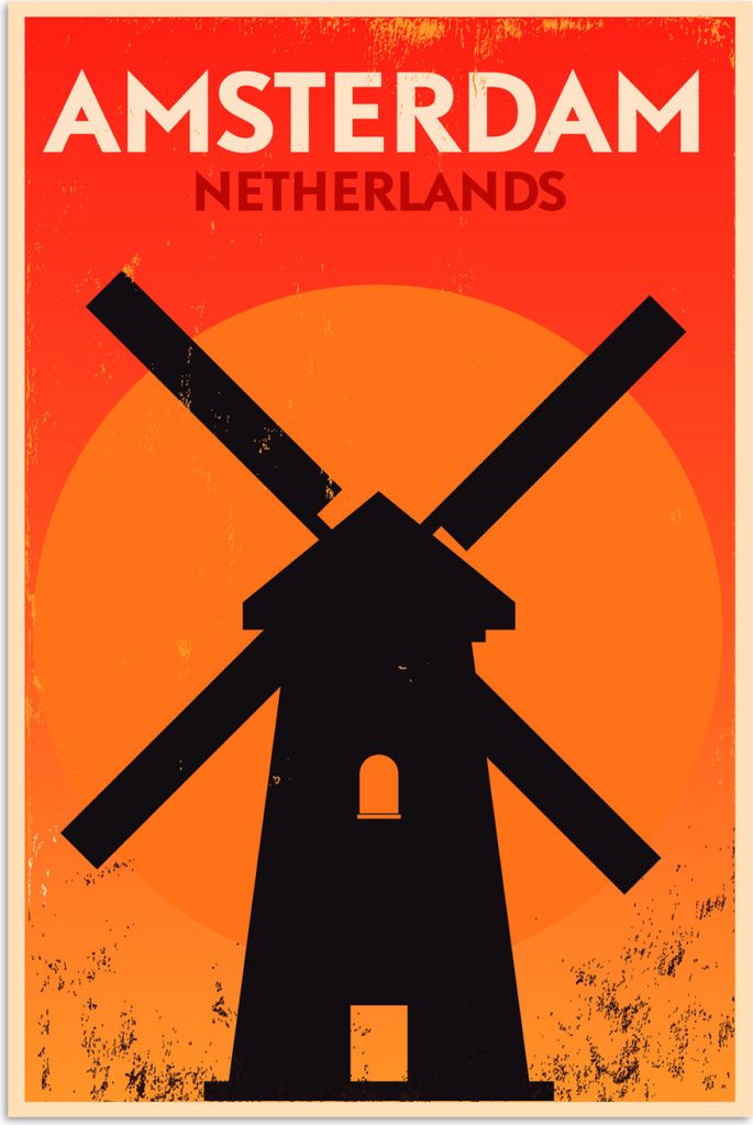 MuchoWow Poster Amsterdam - Niederlande - Mühle - Retro - Amsterdam Niederlande - Zitate 120x180 cm - Kunstposter