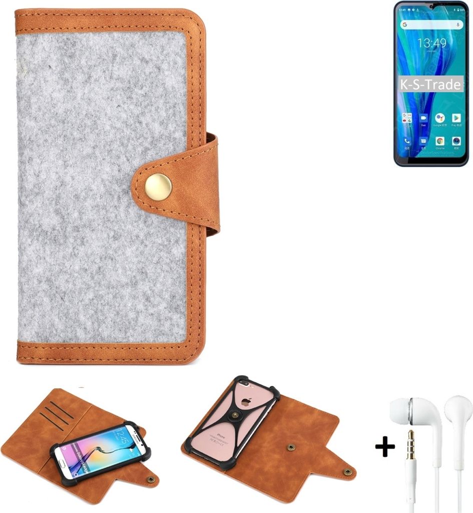 K-S-Trade Handyhülle + Kopfhörer kompatibel mit Oukitel C23 Pro Schutzhülle Filz Hülle Kunstleder hellgrau braun (1x)