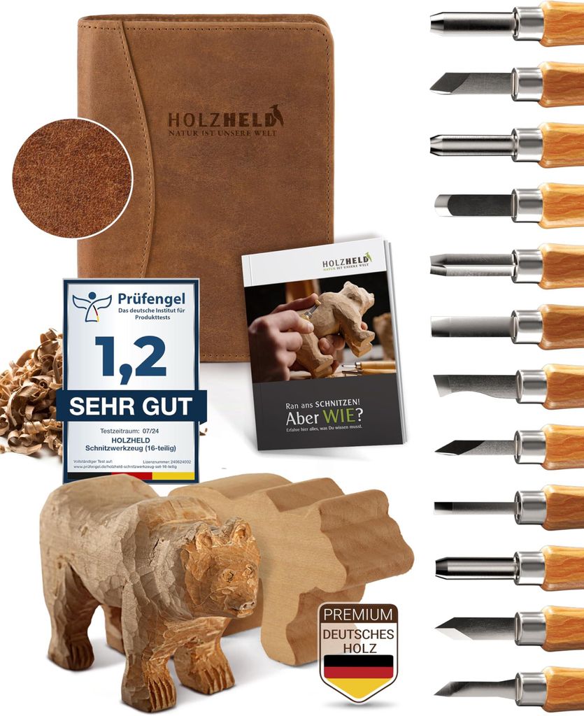 HOLZHELD Schnitzwerkzeug und Schnitzrohling (17-teilig) in Produktbild 