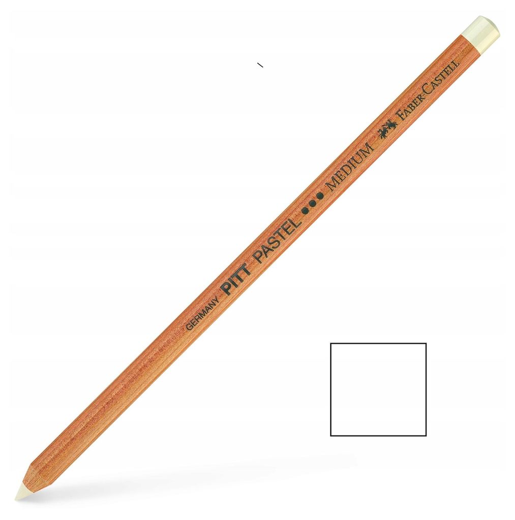 A single Faber-Castell PITT PASTEL white medium pencil is shown diagonally against a white background. A small white square is also present in the bottom right corner.