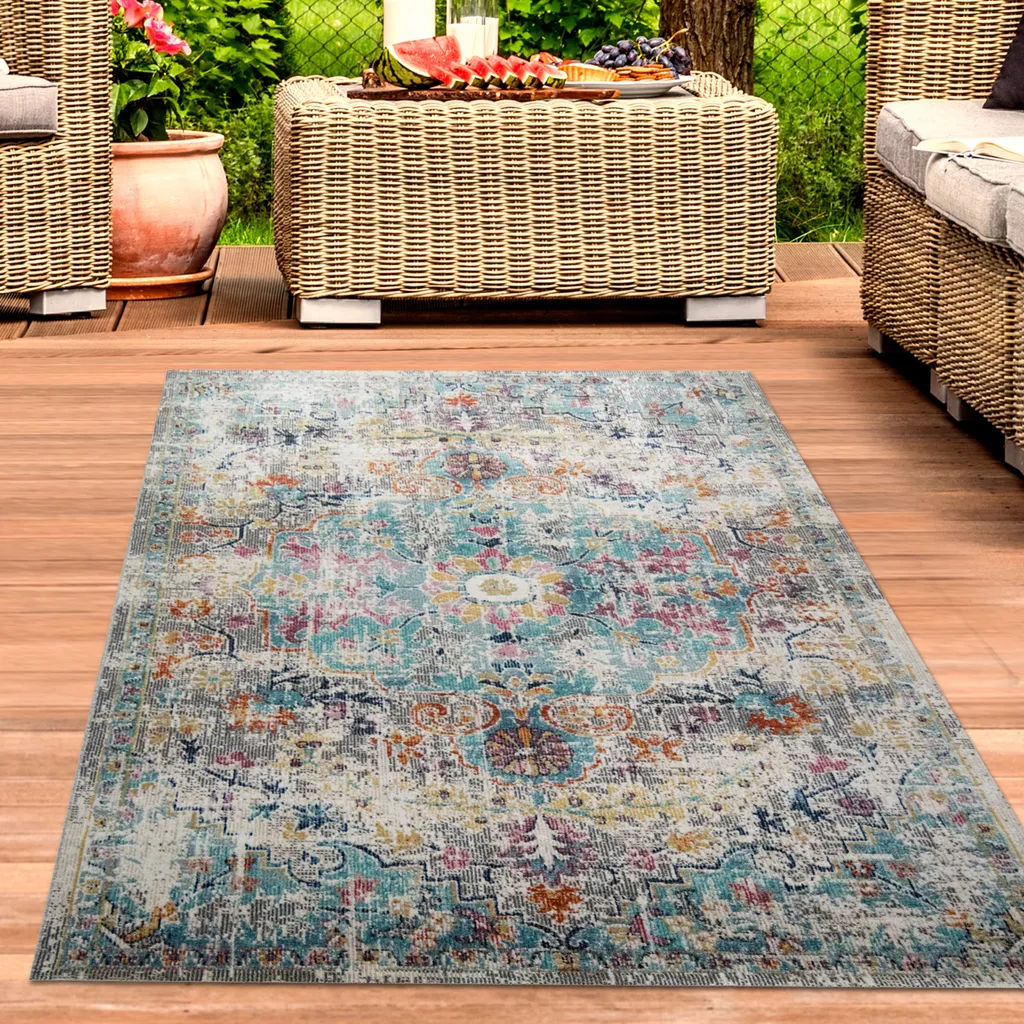 Tapis Outdoor Gris Bleu 120x170 cm - Style Oriental Vintage pour Salon