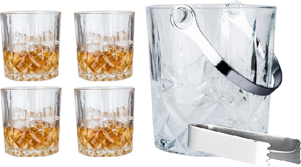 Whiskey-set met 4 glazen, een ijsbak en een tang, model Productafbeelding 