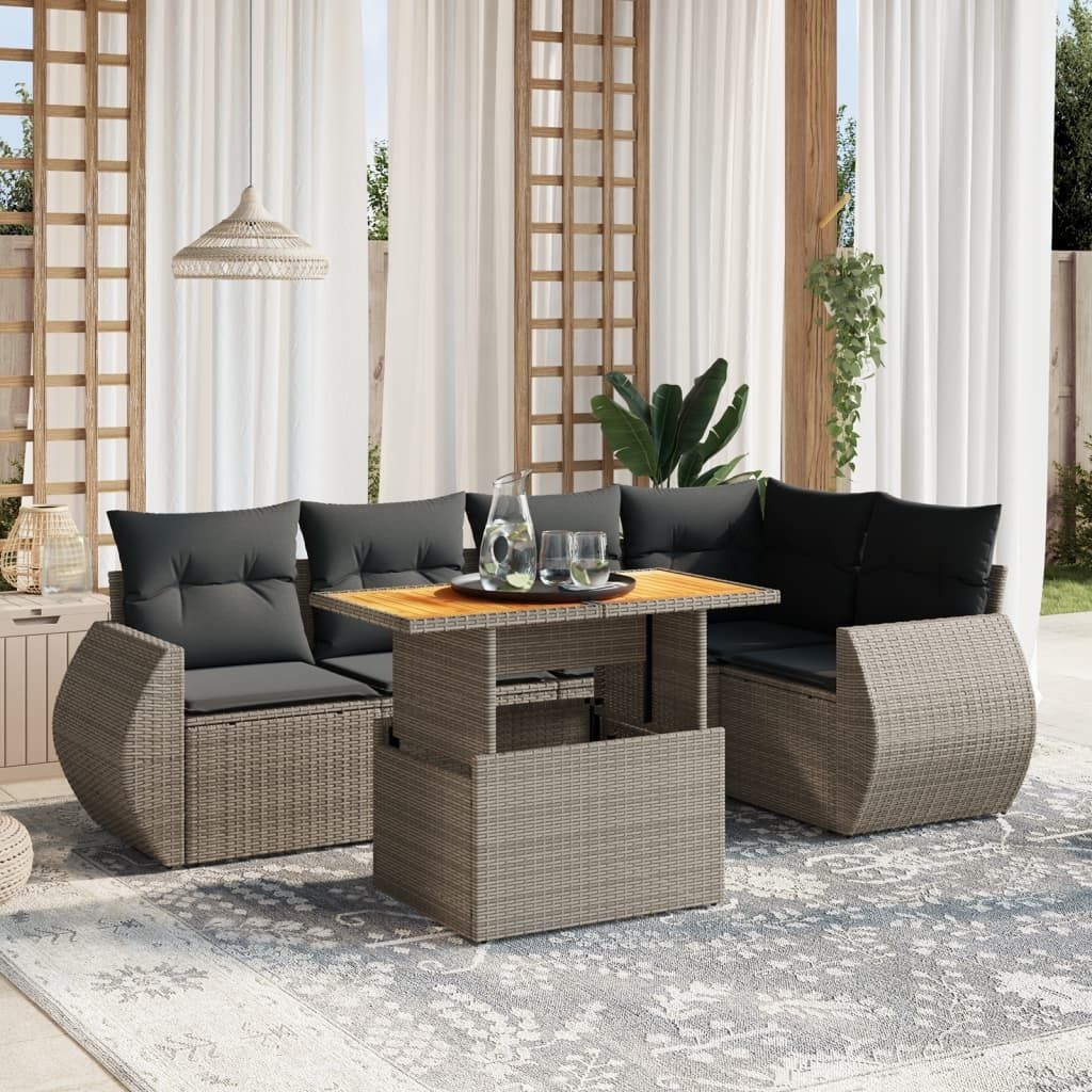 Design 6-tlg. Garten-Sofagarnitur mit Kissen Grau Poly Rattan, Gartenmöbel-Sets 2024 Neu