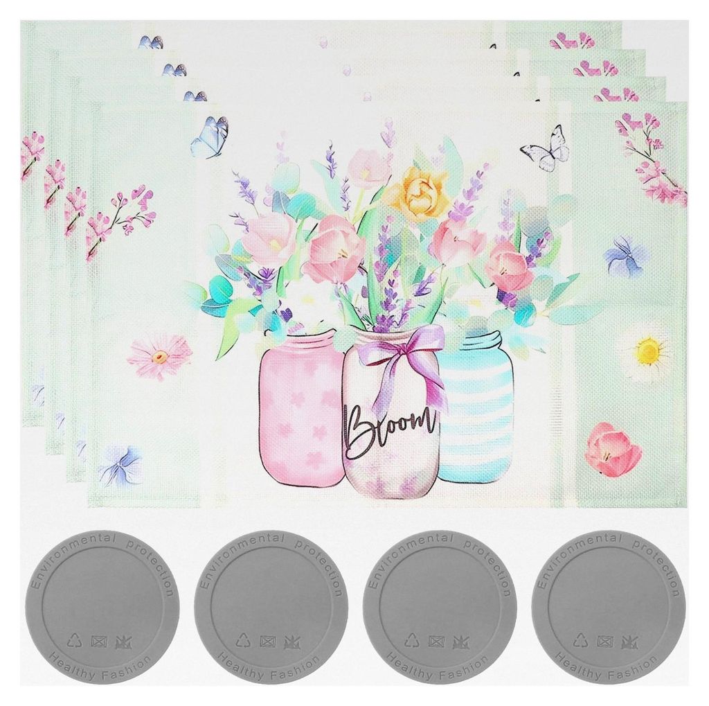 4er Set Platzsets, Frühling Platzdeckchen für Küche und Tisch, abwaschbar mit 4 Silikonuntersetzern, Blumen- und Schmetterlingsmuster, 45x30cm
