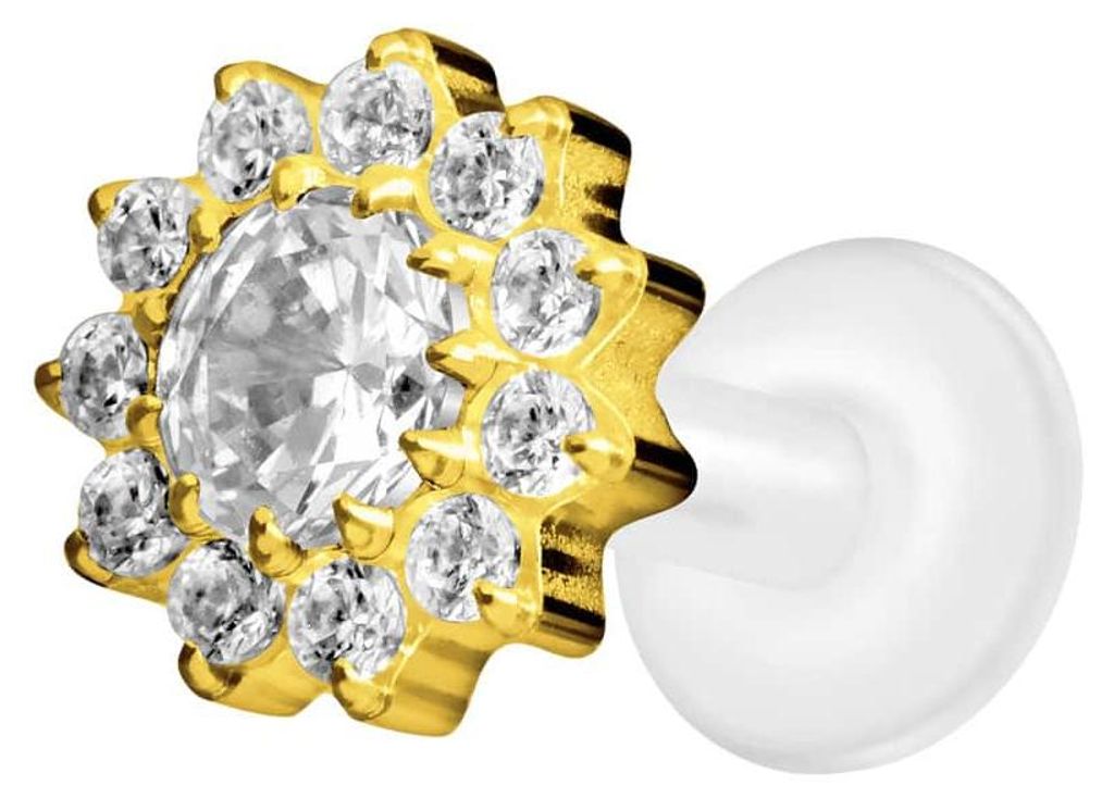Ohrpiercing, Nasenpiercing PTFE Labret mit Innengewinde + Titan-Aufsatz KRISTALLBLUME Gold Stablänge: 6mm | Stabstärke: 1,6mm