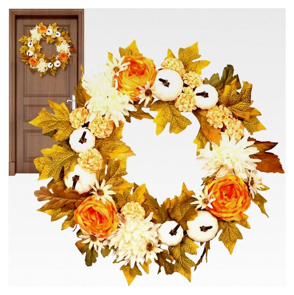 Herbstkranz – 45 cm Kranz mit weißen Kürbissen und Ahornblättern – Geeignet für Thanksgiving, Halloween, Weihnachten, Fenster, Wand, Haus u...