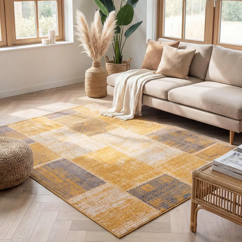 Tapis patchwork anti-taches 80x150 cm ocre et taupe facile à entretenir