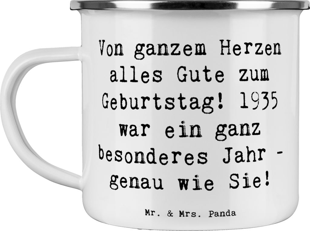 Mr. & Mrs. Panda Emaille Becher Spruch 1935 Geburtstag - Weiß - Geschenk, Glückwunsch, Haferl, persönliche Geburtstagswünsche, Geburtstagsgesch...